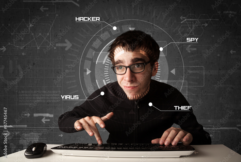 Poster young hacker in futuristic enviroment hacking personal informati
