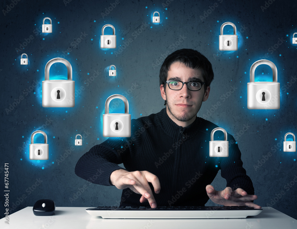 Poster young hacker with virtual lock symbols and icons