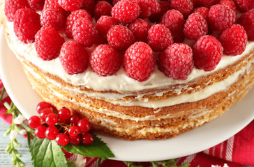 Tasty cake with fresh berries, close up