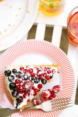 Tasty cake with fresh berries on table, close up