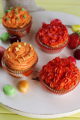 Tasty cupcakes on table, close up