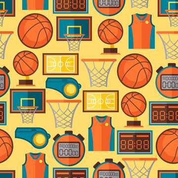 Sports Seamless Pattern With Basketball Icons In Flat Style.