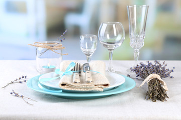 Dining table setting with lavender flowers
