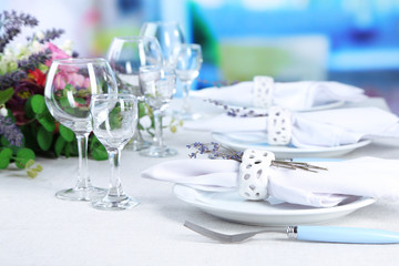 Dining table setting with lavender flowers
