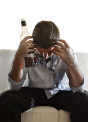 drunk businessman wasted and whiskey bottle : alcoholism