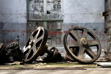 rusty old metal gadgets in an abandoned ship factory