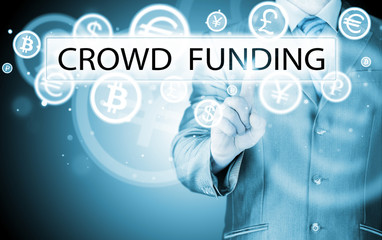 Businessman pushes virtual crowd funding button