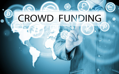 Businessman pushes virtual crowd funding button