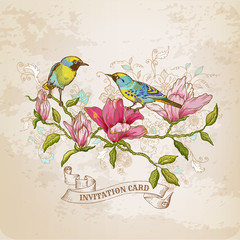 Vintage Card - Flowers and  Birds - for design and scrapbook