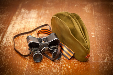 Victory Day on May 9.binoculars, field cap, George Ribbon