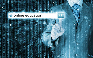 Online education written in search bar on virtual screen.
