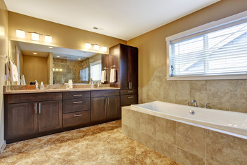 Modern bathroom interior with dark brown cabinets