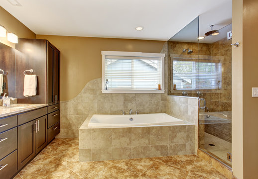 Modern bathroom interior with glass door shower