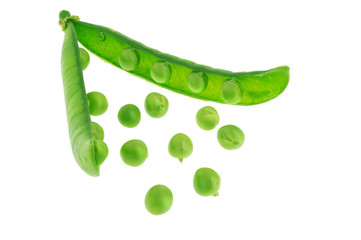 Open peas pod on white background with clipping path