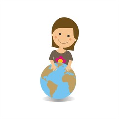 Ni&ntilde;a feliz sujetando globo terr&aacute;queo. Ilustraci&oacute;n vectorial