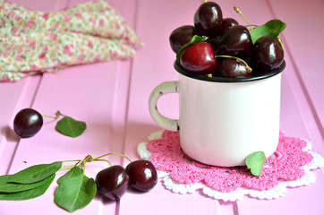 Red cherry in a pot.