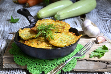 Zucchini fritters on a pan.