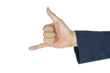 Businessman Show Thumb and Little Finger or Horn Sign Isolated o