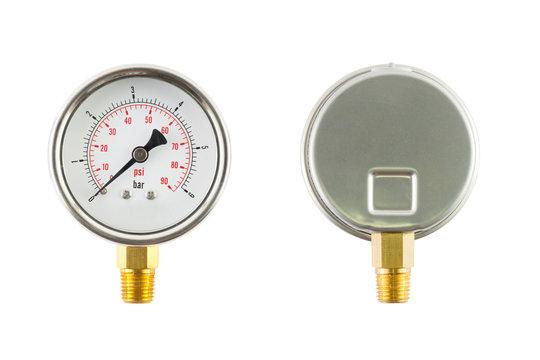 Pressure guage front and back isolated on white background.