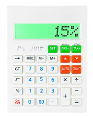 Calculator with 15% on display on white background