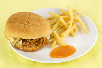 Close up crispy chicken burger with french fried