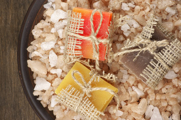 Assorted natural soaps and bath salt
