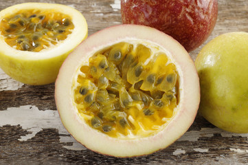 Passion fruit on wooden background