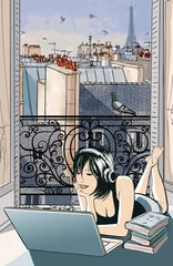 Poster Jonge vrouw vermaakt zich met computer in Parijs © Isaxar