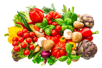 vegetables and herbs isolated on white background. raw food ingr