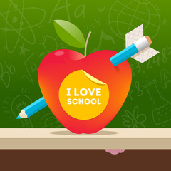 I love school - illustration with apple pierced by a pencil