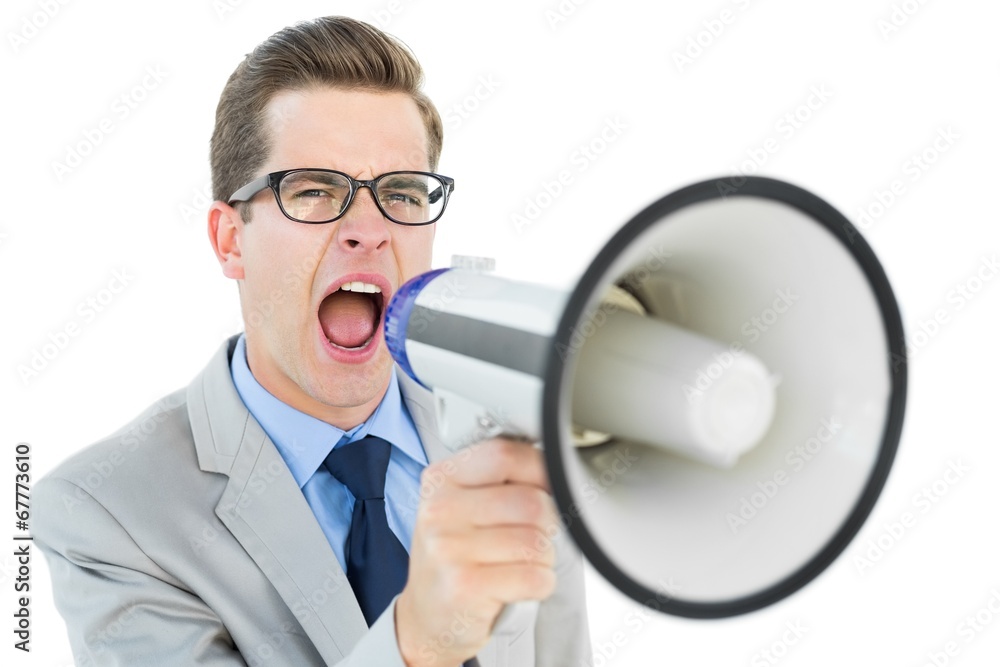 Poster geeky businessman shouting through megaphone