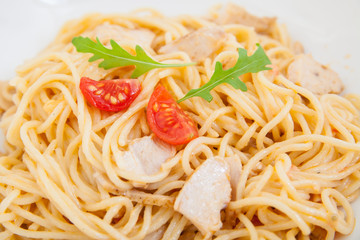 spaghetti (pasta) with chicken fillet