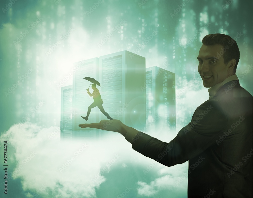 Poster composite image of businessman jumping holding an umbrella