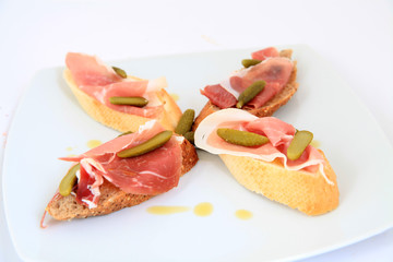 Jamon. Serrano ham, prosciutto served on bread. Tapas food