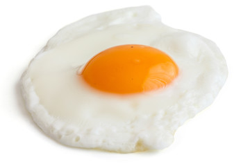 Single fried egg on white.