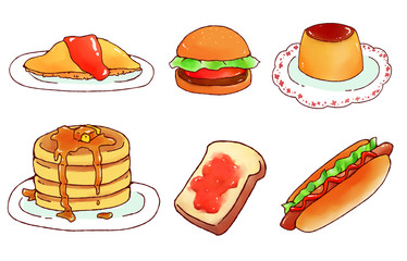 オムライス・トースト・プリン・ホットケーキ・ハンバーガー・ホットドック