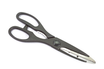 Close - up black metal scissor on white background