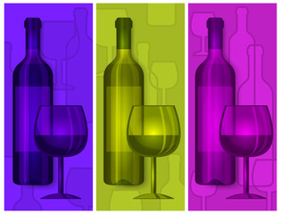 Bottles wine and glasses on color background, vector