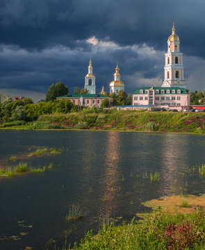 Storm over Trinity Monastery on lakeside in Diveevo