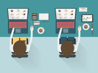top view of two businessman working on the desk on flat style co