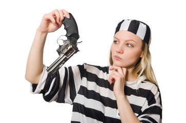 Prison inmate with gun isolated on white