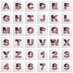 USA stars and stripes flag alphabet icons vector clipart lettering squares isolated on white