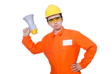 Builder with loudspeaker isolated on white