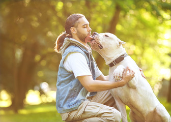 Fototapeta premium Man and Dogo Argentino walk in the park.