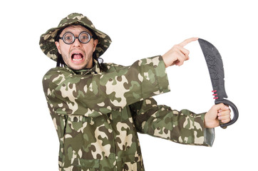 Funny soldier with knife on white