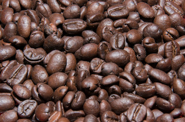 Brown coffee beans, close-up of coffee beans for background