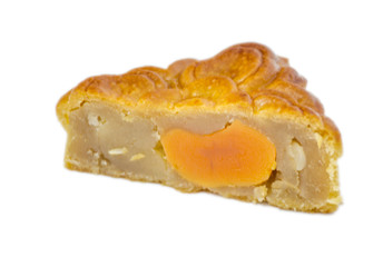 closeup square  moon cake in half cut show egg yolk isolated on