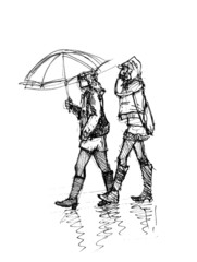 Two girl walking in the rainy day illustration