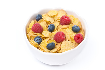 corn flakes with berries, isolated, top view