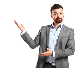 Happy business man presenting and showing